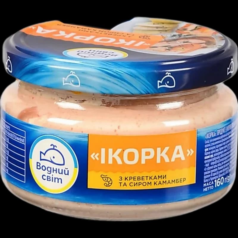 "Vodnyj svit", „Ikorka“. Kaviárová pasta s kaviárem mořských ryb, krevetami a sýrem Camembert, pasterizovaný, 160 g/6ks