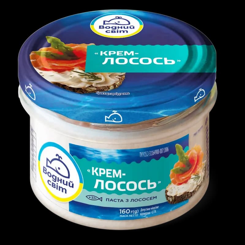 "Vodnyj svit" „Krém-losos“. Pomazánka s lososem a olivovým olejem s lanýžem, pasterizovaná, 160 g/6ks
