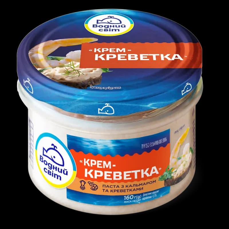 "Vodnyj svit" „Krém-kreveta“. Pomazánka s kalamárem a krevetami, pasterizovaná, 160 g/6ks